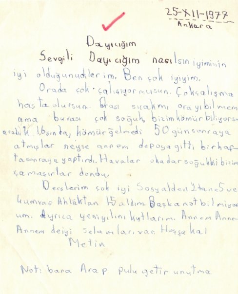 Metin Solmaz'dan Metin Başaran'a mektup, sene 1977